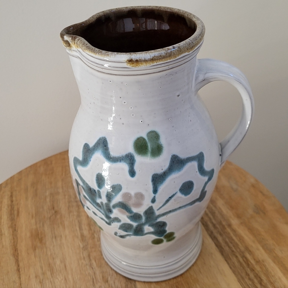 Handcrafted Pottery Ceramic Pitcher with Green and Brown Accents
